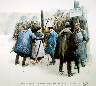 Szkółkarze i szkółkarki zachwalający wspaniałe jabłonie Normandii autorstwa Louis Remy Sabattier