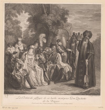 Doloride prosi Don Kichota o zemstę za nią La Doloride affligée de sa barbe vient Prier Don Quichotte de la venger (tytuł na obiekcie) Historia Don Kichota z La Manchy (tytuł serii) autorstwa Louis Surugue