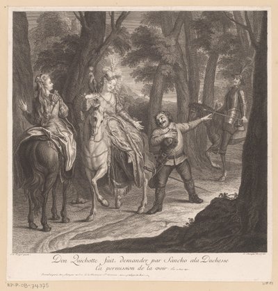 Don Kichot każe Sancho poprosić księżną o pozwolenie na spotkanie z nią Don Quichotte fait demander par Sancho ala Duchesse ca permission de la voir (tytuł na obiekcie) Historia Don Kichota z La Manchy (tytuł serii) autorstwa Louis Surugue