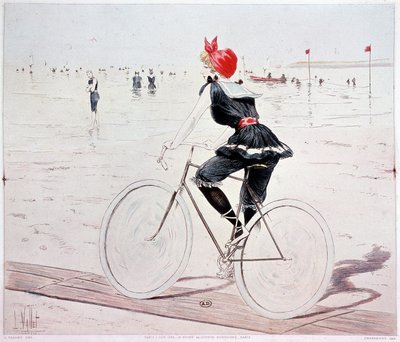 Kobieta na rowerze na plaży - rysunek L. Vallet autorstwa Louis Vallet