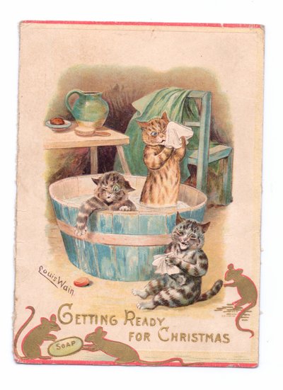 Wiktoriańska kartka bożonarodzeniowa przedstawiająca dwa koty w wannie, podczas gdy dwie myszy bawią się kostką mydła, ok. 1880 r. autorstwa Louis Wain