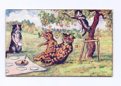 Wiktoriańska kartka z życzeniami z jabłkami spadającymi na dwa koty na pikniku, ok. 1880 r autorstwa Louis Wain