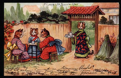 Zwierzęta w ludzkiej postawie. Kot w kimonie pije herbatę w ogrodzie japońskim. Pocztówka. Chromolithograph Louisa Waina (1860-1939), angielskiego artysty znanego z przedstawiania kotów o dużych oczach. Początek XX wieku. Kolekcja pr autorstwa Louis Wain