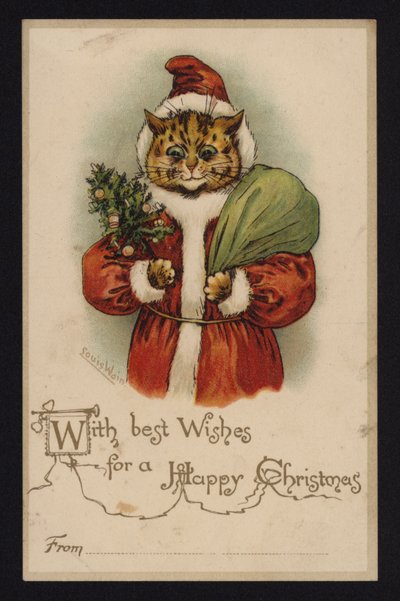 Kot jako Święty Mikołaj, kartka z życzeniami bożonarodzeniowymi (chromolitho) autorstwa Louis Wain