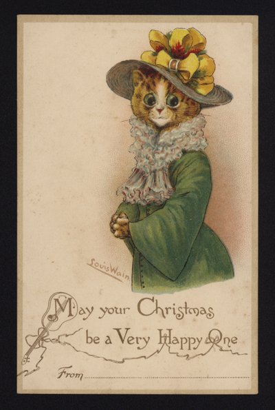 Kot w kobiecym płaszczu i kapeluszu, kartka z życzeniami bożonarodzeniowymi (chromolitho) autorstwa Louis Wain
