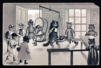 Korzystamy z dobrej pogody. Zwierzęta w ludzkiej postawie. Kot dżokej jest ważony na wadze. Pocztówka. Chromolithograph Louisa Waina (1860-1939), angielskiego artysty znanego z przedstawiania kotów o dużych oczach. Początek 20 autorstwa Louis Wain