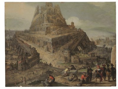 Król Nimrod rozkazujący budowę wieży Babel (olej na panelu) autorstwa Louis de (circle of) Caullery