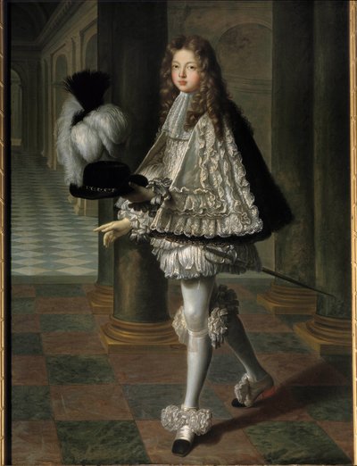 Portrait en pied de Louis Alexandre de Bourbon, hrabia Tuluzy w nowicjuszowym stroju Ducha Świętego (Zakon Ducha Świętego) (1678-1737), prawowity syn Ludwika XIV i Francoise Athenais (Francoise-Athenais) – Rochechouart Mortemart, markiza z Mont autorstwa Louis de Boullogne