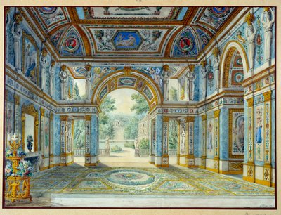 Portyk pałacu otwierający się na park. Grawerowanie Louisa De Saint Ange (1780-1831) autorstwa Louis de Saint-Ange Desmaisons
