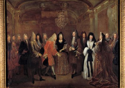 Król Ludwik XIV (1638-1715) przyjął księcia Fryderyka Augusta saskiego z rąk Elżbiety Charlotte d