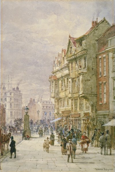 Widok na wschód wzdłuż Holborn z postaciami i pojazdami konnymi na ulicy, Londyn, 1875 autorstwa Louise Rayner