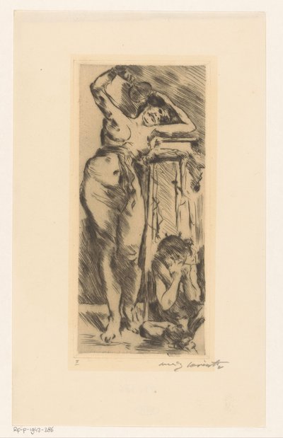 Akt kobiecy z wachlarzem w dłoni i przykucniętą postacią po prawej stronie autorstwa Lovis Corinth (signed by artist)