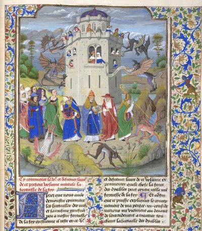 Twierdza Wiary Miniatura świętych Grzegorza, Augustyna, Hieronima i Ambrożego walczących z demonami, koniec XV w. autorstwa Loyset Liedet