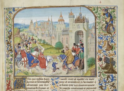 Izabela Francuska witana przez swego brata Karola IV w Paryżu, ok. 1470-1475. autorstwa Loyset Liedet