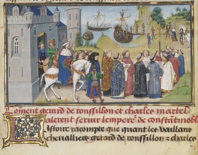 Cesarz bizantyjski witający Roussillon i Martel, 1468-1470 autorstwa Loyset Liedet