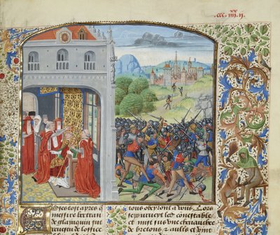 Koronacja papieża Grzegorza XI i bitwa pod Pontvallain, 1370, ok. 1470-1475. autorstwa Loyset Liedet