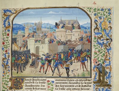 Wilhelm II, hrabia Hainaut przejmuje i niszczy Aubenton, 1340, ok. 1470-1475. autorstwa Loyset Liedet
