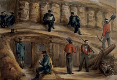 Strzelcy Królewskiego Pułku Artylerii odpoczywają w okopach pod Sewastopolem, ok. 1855 r. autorstwa Lt. Henry James Alderson
