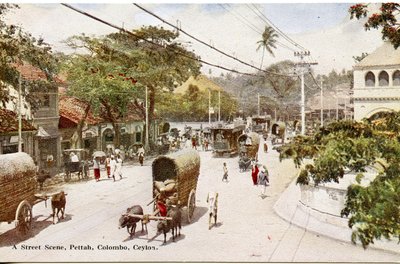 Scena uliczna, Pettah, Kolombo, Cejlon, ok. 1900-20 (fotografia ręcznie kolorowana) autorstwa Ltd. Ceylon Plâté