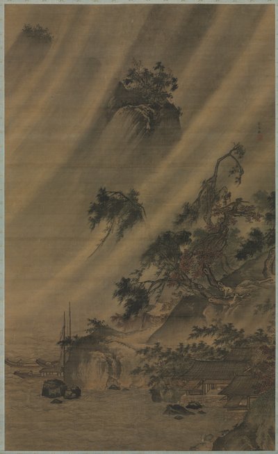 Wioska rzeczna podczas ulewy, ok. 1930 r. 1480-1507. autorstwa Lu Wenying