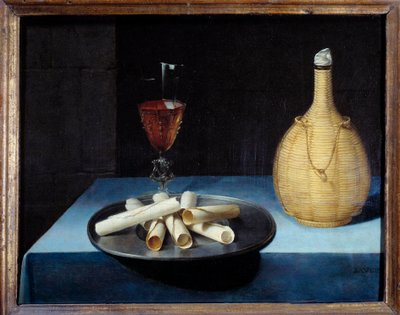 Martwa natura wafelek deserowy z herbatników, butelki wina i szkła. Obraz Lubina Baugina (1612-1663) XVII w. Niedz. 0,41x0,52m. autorstwa Lubin Baugin