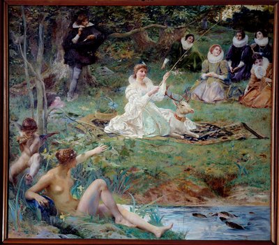 Marie F. des Ursins, księżna Montmorency i poeta Theophile de Viau a Chantilly w Pawilonie Sylvie Malarstwo Luca Oliviera Mersona (1846-1920) 1895 nd. 1,88 x 2,10 m Chantilly, Musee Conde autorstwa Luc Oliver Merson