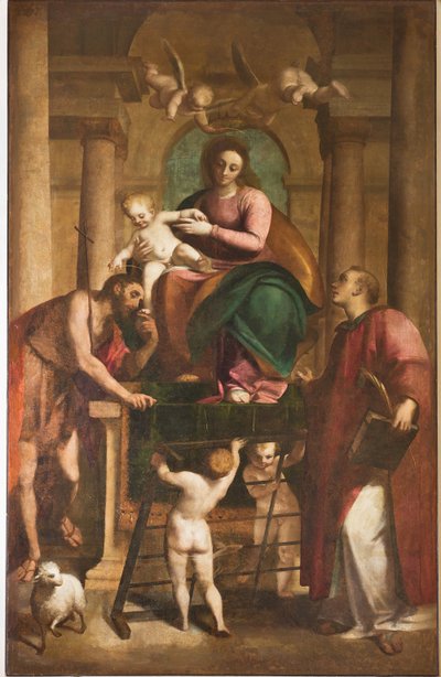 Genua, Duomo (katedra św. Wawrzyńca), wewnątrz, baptysterium (dawniej kościół św. Jana Starego): „Madonna z Dzieciątkiem między św. Janem Chrzcicielem a św. Wawrzyńca”, Luca Cambiaso, Obraz olejny na desce autorstwa Luca Cambiaso