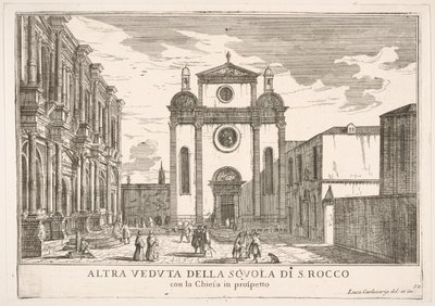 Ilustracja 38: Widok fasady kościoła św. Rocha i po lewej fasady Szkoły, 1703. autorstwa Luca Carlevarijs