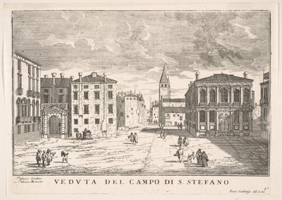 Ilustracja 95: Widok Campo Santo Stefano z Pałacem Loredańskim i Pałacem Morosini, Wenecja..., 1703. autorstwa Luca Carlevarijs
