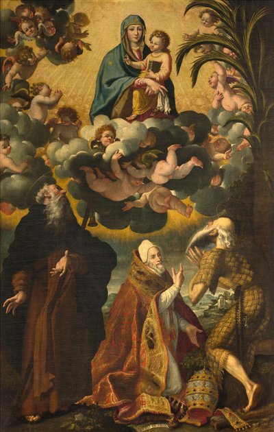 Ołtarz św. Antoniego, Madonny z Dzieciątkiem ze świętymi Antoniego Opata Pawła Pustelnika i papieża Grzegorza XIV, Łukasza Cattapane 1593 autorstwa Luca Cattapane