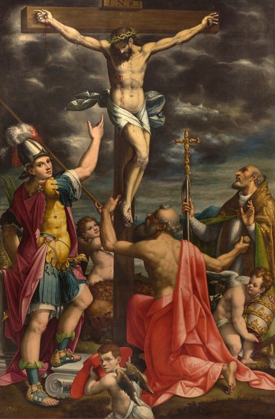 Ołtarz San Fermo, Ukrzyżowanie ze świętymi Fermo Hieronima i papieżem Grzegorzem XIV, Luca Cattapane 1593 autorstwa Luca Cattapane