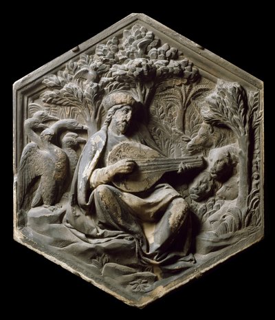 Alegoria muzyki jako Orphee Leśne zwierzęta słuchają Orphee grającego na lutni. Płaskorzeźba Luca della Robbia autorstwa Luca Della Robbia