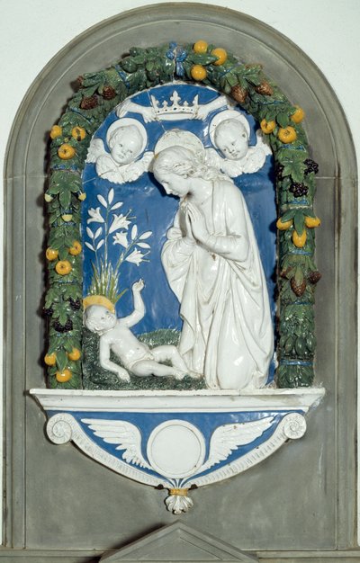 Dziewica Adoring the Child High Relief Luca della Robbia (1400-1482) XV-wieczne Sanktuarium Verna, Włochy autorstwa Luca Della Robbia