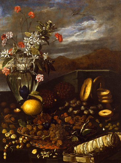 Martwa natura z suszonymi owocami, kwiatami i krajobrazem, autorstwa Luca Forte (1610-1670) autorstwa Luca Forte