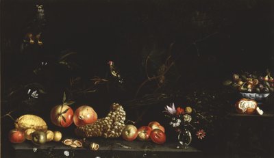 Martwa natura z owocami, kwiatami, jastrzębiem i szczygłem, 1620-30 autorstwa Luca Forte