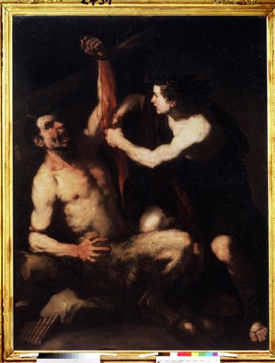 „Apollo i Marsyas” Apollo, po wygraniu wyzwania z Marsjaszem, obdziera go ze skóry, a następnie wrzuca do jaskini. Obraz Luca Giordano (1632-1705) ok. 1650 r. Manieryzm. Muzeum Puszkina, Moskwa autorstwa Luca Giordano