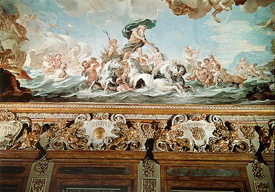 Neptun, fragment stropu w galerii, ok. 1670-88 (fresk) autorstwa Luca Giordano