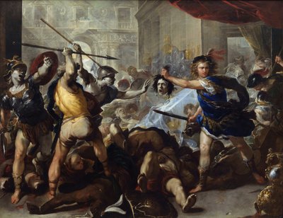 „Perseusz zamienia Fineasza i jego wrogów w kamień, wymachując głową Meduzy przed nimi”” (Perseusz zamienia Fineasza i jego zwolenników w kamień) Obraz Luca Giordano (1632-1705) około 1680 National Gallery, Londyn autorstwa Luca Giordano