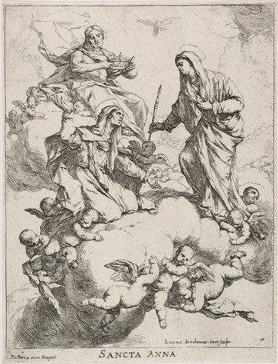 Święta Anna otrzymana w niebie przez Chrystusa i Dziewicę autorstwa Luca Giordano