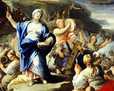 Scena tańca i śpiewu, z Pieśni Miriam, Luca Giordano (1634-1705), olej na miedzi autorstwa Luca Giordano
