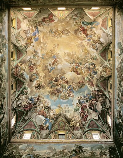 Niebiańska Chwała i Triumf Habsburgów, z sufitu nad wielkimi schodami autorstwa Luca Giordano