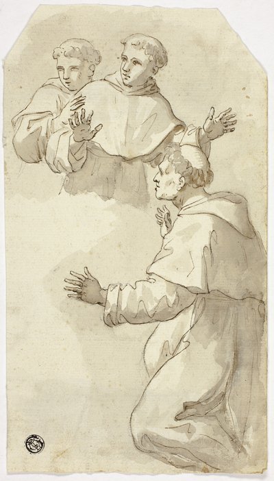 Trzech zaskoczonych mnichów, jeden klęczący, dwóch stojących autorstwa Luca Giordano