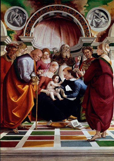 Obrzezanie. Wśród przedstawionych postaci: św. Józef (z laską), Maryja Panna, Jezus Chrystus i św. Symeon (wznoszący ręce do nieba). Obraz Luca Signorelli (ok. 1445-1523) ok. 1491 r. Słońce. 258,5x180 cm Londyn, Galeria Narodowa autorstwa Luca Signorelli