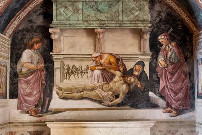 Opłakiwanie Martwego Chrystusa między dwoma świętymi z Orvieto (po prawej s. Parenzo, po lewej s. Faustino) autorstwa Luca Signorelli