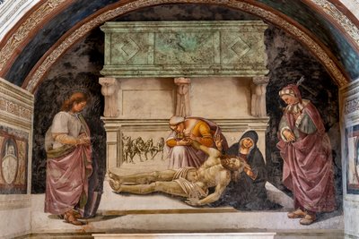 Opłakiwanie Martwego Chrystusa między dwoma świętymi z Orvieto (po prawej s. Parenzo, po lewej s. Faustino) autorstwa Luca Signorelli