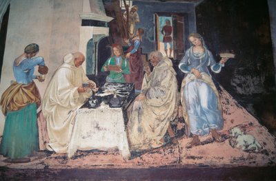Św. Benedykt upominający dwóch mnichów, którzy złamali Regułę, scena z Opowieści św. Benedykta z Monte Oliveto Maggiore autorstwa Luca Signorelli