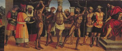 Biczowanie, fragment płyty predella z ołtarza Trójcy z Madonną z Dzieciątkiem i Św. Panel Augustyna i Anastazjusza autorstwa Luca Signorelli