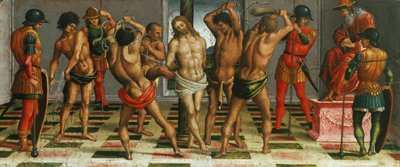 Biczowanie Chrystusa Lamentacja nad martwym Chrystusem, panel Predella, 1502. autorstwa Luca Signorelli