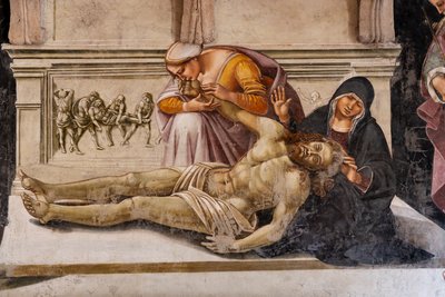 Wnętrze, Kaplica Nova lub Kaplica Św. Brizio, Kaplica Świętych Ciał: „Lamentacja nad zmarłym Chrystusem” między dwoma świętymi z Orvieto (S. Parenzo po prawej i S. Faustino po lewej), Luca Signorelli autorstwa Luca Signorelli