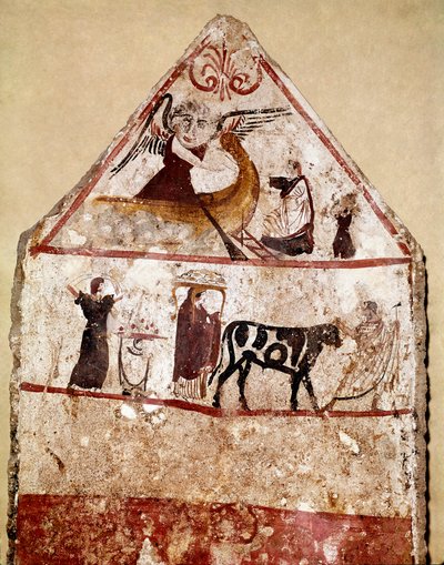 Byk prowadzi na ołtarzu fresk ofiarny Lucan z IV wieku pne, z nekropolii Andriuolo w Paestum we Włoszech. Narodowe Muzeum Archeologiczne, Paestum autorstwa Lucanian School